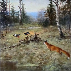 Malarstwo myśliwskie! Lis polujący na cietrzew - oryg. Georg Majewicz (1897-1965) 