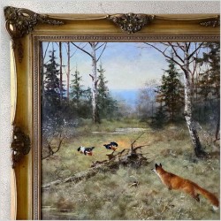 Malarstwo myśliwskie! Lis polujący na cietrzew - oryg. Georg Majewicz (1897-1965) 