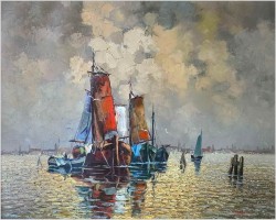 3. Obraz olejny! Łodzie rybackie na weneckiej lagunie - Carol spree *1907