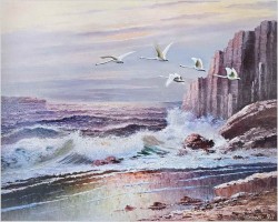 Pejzaż Morski z Łabędziami o Zachodzie Słońca - Gustaw Weiss/Guwe (1886-1973)
