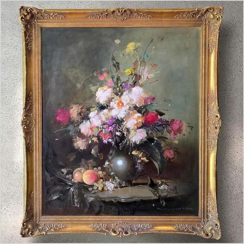 Martwa natura z bukietem kwiatów i owocami - Kömpöczy Balogh Endre (Hungary 1911-1977)