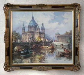 Malarz z Wrocławia! Widok na Szprewę i Pałac miejski - Horst Miesler (ur.1934 Wrocław)