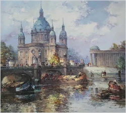 Malarz z Wrocławia! Widok na Szprewę i Pałac miejski - Horst Miesler (ur.1934 Wrocław)