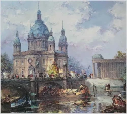 Malarz z Wrocławia! Widok na Szprewę i Pałac miejski - Horst Miesler (ur.1934 Wrocław)