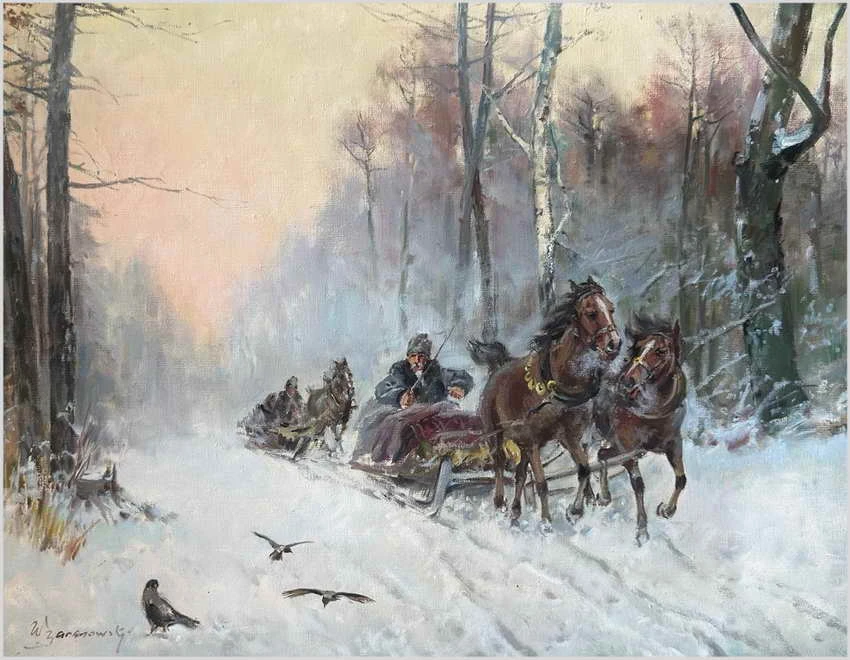 Polskie malarstwo! Zimowa sanna - Eligiusz Wacław Baranowski (Nieszawa 1904 - 1997)