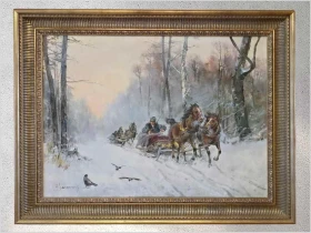 Polskie malarstwo! Zimowa sanna - Eligiusz Wacław Baranowski (Nieszawa 1904 - 1997)