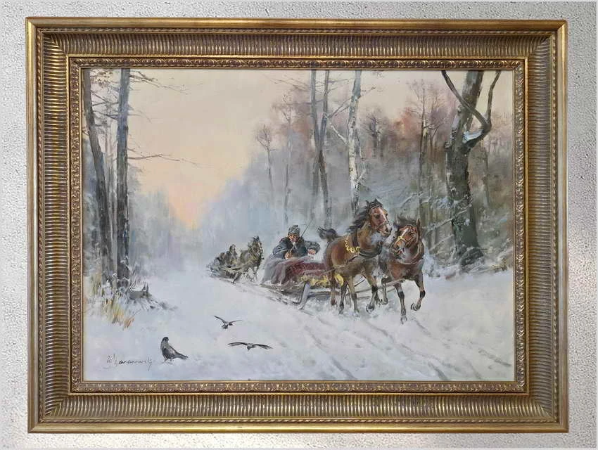 Polskie malarstwo! Zimowa sanna - Eligiusz Wacław Baranowski (Nieszawa 1904 - 1997)