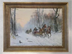 Polskie malarstwo! Zimowa sanna - Eligiusz Wacław Baranowski (Nieszawa 1904 - 1997)