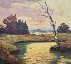 Obraz olejny - Złociste refleksy nad wodą - Willy P. Ahrweiler (1905–1987)