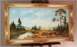 Panoramiczny obraz! Bażanty Przy Rozlewisku - (Riedrich, Niemcy XXw.)