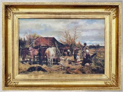 Monachijska scena rodzajowa: Konie w oczekiwaniu u kowala (87cm x 63cm)