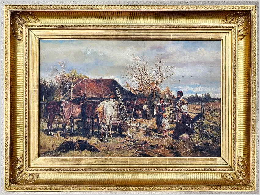Monachijska scena rodzajowa: Konie w oczekiwaniu u kowala (87cm x 63cm)