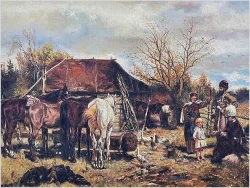 Monachijska scena rodzajowa: Konie w oczekiwaniu u kowala (87cm x 63cm)