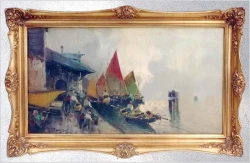 Duży obraz olejny! Łodzie we włoskim porcie - Franco Pergal *1905 (120cm x 80cm)