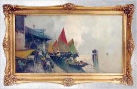 Duży obraz olejny! Łodzie we włoskim porcie - Franco Pergal *1905 (120cm x 80cm)
