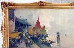 Duży obraz olejny! Łodzie we włoskim porcie - Franco Pergal *1905 (120cm x 80cm)