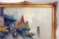 Duży obraz olejny! Łodzie we włoskim porcie - Franco Pergal *1905 (120cm x 80cm)