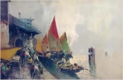 Duży obraz olejny! Łodzie we włoskim porcie - Franco Pergal *1905 (120cm x 80cm)