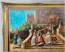 Dobra sztuka! Dworska scena rodzajowa na schodach - A. Campari (ITALY XXw.) 110cm x 80cm