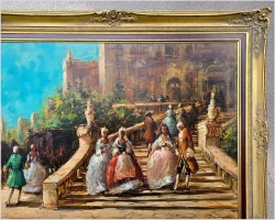 Dobra sztuka! Dworska scena rodzajowa na schodach - A. Campari (ITALY XXw.) 110cm x 80cm