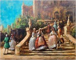 Dobra sztuka! Dworska scena rodzajowa na schodach - A. Campari (ITALY XXw.) 110cm x 80cm