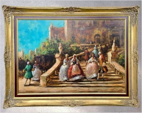 Dobra sztuka! Dworska scena rodzajowa na schodach - A. Campari (ITALY XXw.) 110cm x 80cm