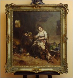 GOSPOSIA Z PSEM W SPIŻARNI, OBRAZ OLEJNY - DICKMEIS GERHARD (Heinsberg 1918 – 1978 Jülich)