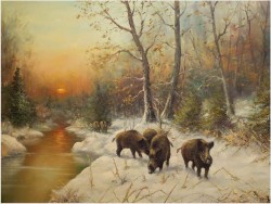 POLECAMY! ZIMOWY PEJZAŻ Z DZIKAMI - L.KLEIN (118cm x 88cm)