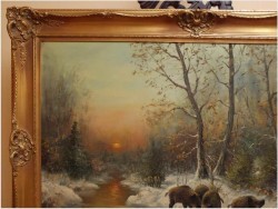 POLECAMY! ZIMOWY PEJZAŻ Z DZIKAMI - L.KLEIN (118cm x 88cm)