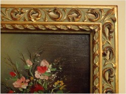 PIĘKNY BUKIET KWIATÓW W AŻUROWEJ RAMIE - sygn. Renier (XXw.)