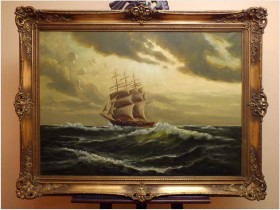 POLECAMY!  - DUŻYCH ROZMIARÓW PIĘKNY OBRAZ MARYNISTYCZNY XXw. (119cm x 89cm)