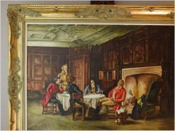 DUŻE MALARSTWO RODZAJOWE - ROZMOWA GENTELMANÓW PRZY LAMPCE WINA - SYG. SOMERS 1970 (124CMx104CM)