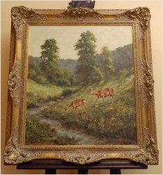 OBRAZ MYŚLIWSKI, SARNY U WODOPOJU - GEORG MAJEWICZ (1897 - 1965)