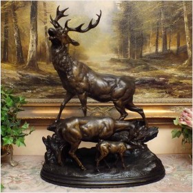 JELEŃ NA RYKOWISKU! MŁODE SARNY 54CM. - HIPPOLYTE HEIZLER (1828-1871)