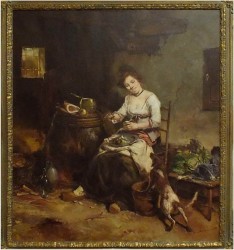 GOSPOSIA Z PSEM W SPIŻARNI, OBRAZ OLEJNY - DICKMEIS GERHARD (Heinsberg 1918 – 1978 Jülich)