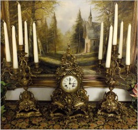 POLECAMY! MEDALOWY WSPANIAŁY DUŻY MOSIĘŻNY ZEGAR ROCOCO Z KANDELABRAMI - A.D. MOUGIN XIXw.