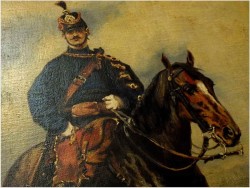 PIĘKNE MALARSTWO BATALISTYCZNE! PORTRET HUZARA NA KONIU - XIXw.