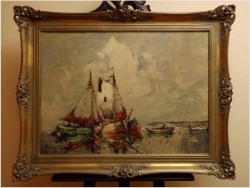 RUDOLF PRIEBE (1889 – 1964) „Kutry rybackie u wybrzeża Morza Północnego” – obraz marynistyczny