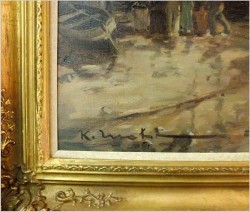 OBRAZ MARYNISTYCZNY! KUTRY PRZY BRZEGU, ROZŁADUNEK KRABÓW  - KARL MOHR (DÜSSELDORF 1922-2013)