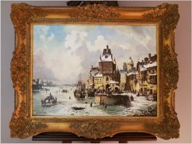 WYJĄTKOWY OBRAZ! WIDOK NA ZIMOWE NABRZEŻE HOLENDERSKIE - L.VAN HOVE, KARL KAUFMANN (1843–1905)