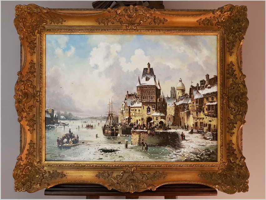 WYJĄTKOWY OBRAZ! WIDOK NA ZIMOWE NABRZEŻE HOLENDERSKIE - L.VAN HOVE, KARL KAUFMANN (1843–1905)