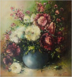 POLECAMY! PAŁACOWE MALARSTWO W BAROKOWEJ RAMIE, KWIATY W WAZONIE - FRIEDRICH KARL THAUER (1924-2009)