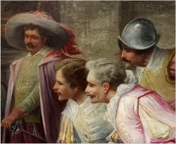 DUŻY MUZEALNY OBRAZ! MUSZKIETERZY W KARCZMIE, ZABAWA PSA Z KOTEM - Max Albert CARLIER (1872-1938)