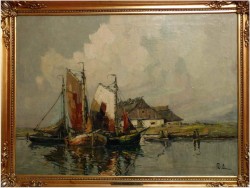 ŁODZIE PRZY BRZEGU - Rudolf PRIEBE (Kiew 1889-1964 Hamburg)