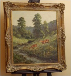 OBRAZ MYŚLIWSKI, SARNY U WODOPOJU - GEORG MAJEWICZ (1897 - 1965)