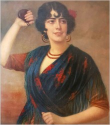 Piękny Obraz w Stylu Art Déco, Hiszpanka z Kastanietami - Anton Kaulbach (1864-1930)