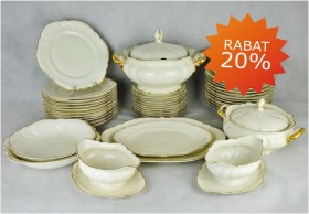PIĘKNY ROSENTHAL 'VIKTORIA' SERWIS OBIADOWY 12 OSÓB. ECRU/ZŁOTO 1938 ROK. (45 ELEMENTÓW)