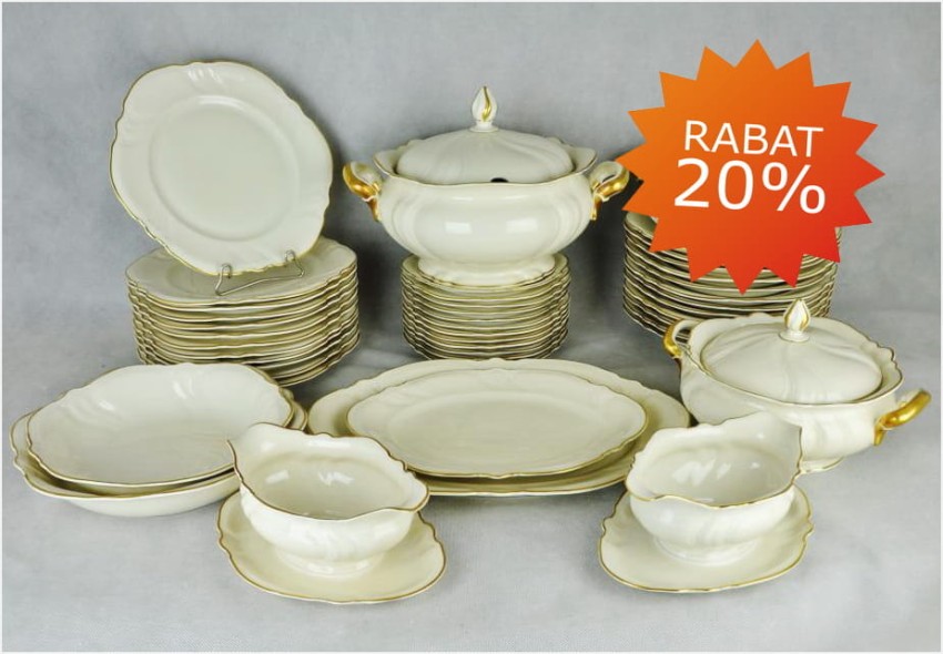 PIĘKNY ROSENTHAL 'VIKTORIA' SERWIS OBIADOWY 12 OSÓB. ECRU/ZŁOTO 1938 ROK. (45 ELEMENTÓW)