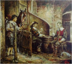 POLECAMY! SCENA W STAJNI, GRA W KARTY - Prof. Willi DEPRÉ (1922-1995r.) PIECZĘĆ LAKOWA + CERTYFIKAT!