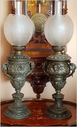 ANTYK, WYJĄTKOWY RARYTAS! PIĘKNY BAROKOWY KOMPLET LAMP NAFTOWYCH XIXw.